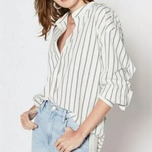 Joie Poni Women's Minimalist White Charcoal Striped Ruffle Button Down Shirt- XS